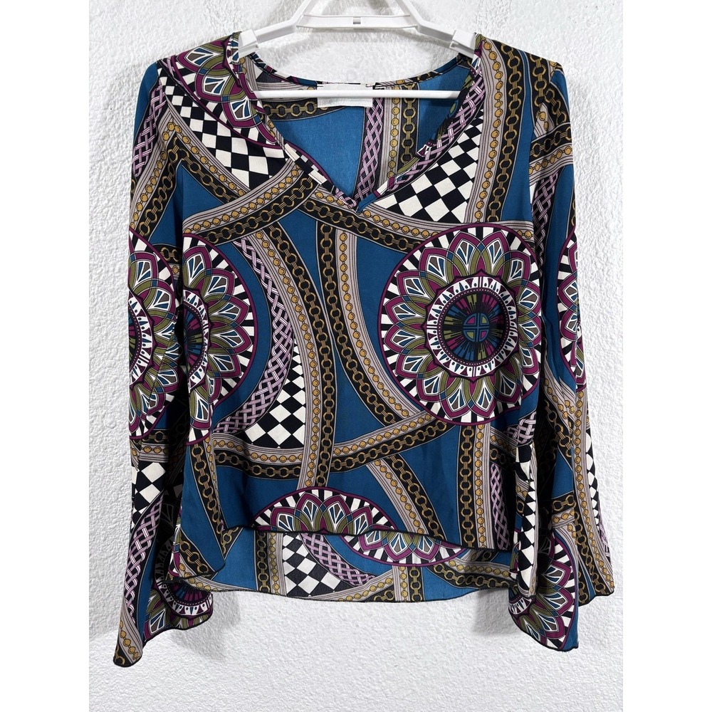 Tilly Anne Blouse Womens Medium Multicolor Geometric Boho Flare Sleeve Top